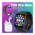 Montre connectée T55 PRO Max, couleur noire, écran tactile AMOLED de 1,32 pouces, capteur de fréquence cardiaque, capteur de SpO2, capteur de pression artérielle, capteur de fréquence cardiaque, suivi de l'activité, suivi du sommeil, mode sportif, mode musique, compatible avec les smartphones Android et iOS.